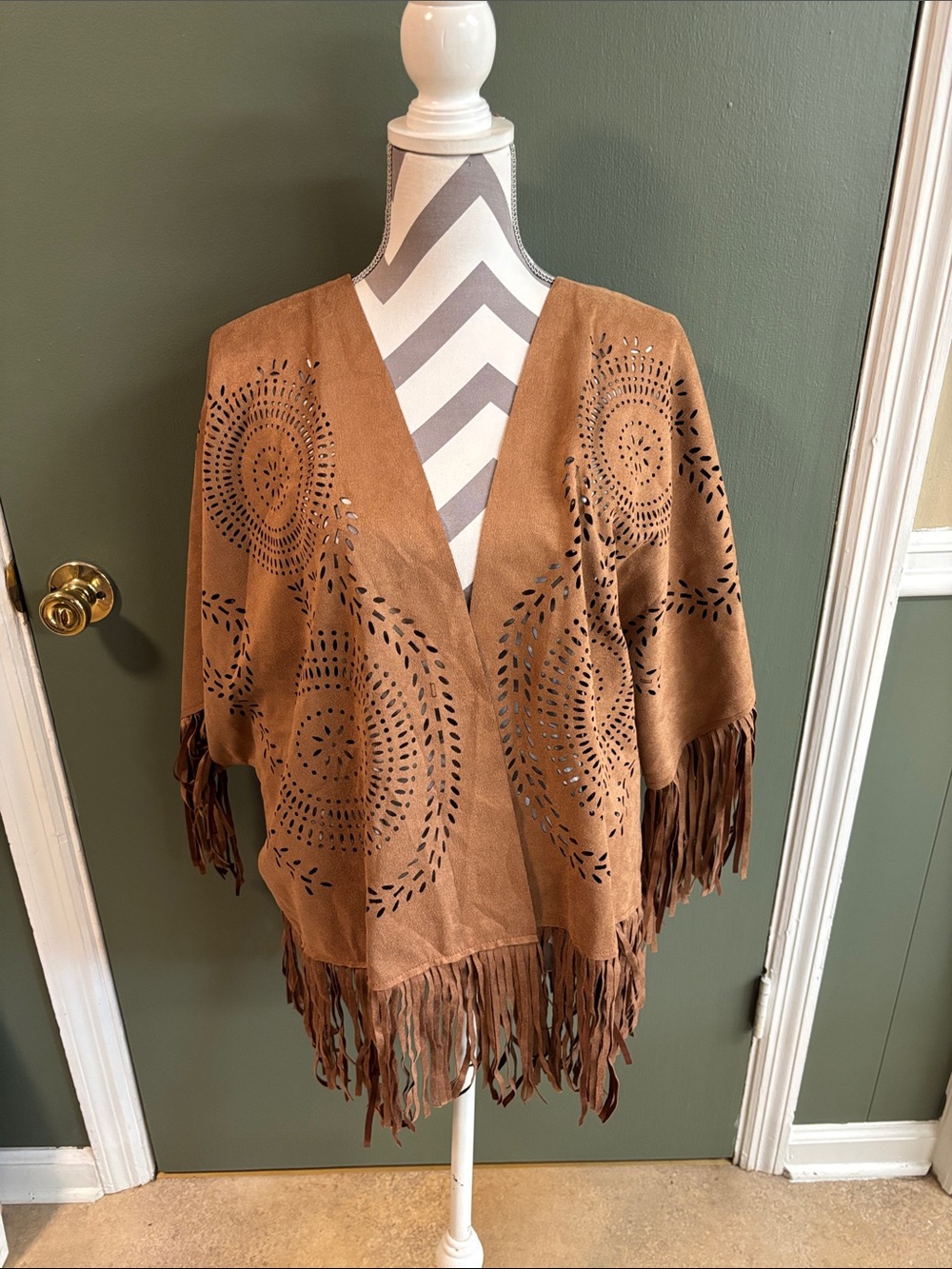 Fringed Suede-Feel Open Front Cardigan - Brown
